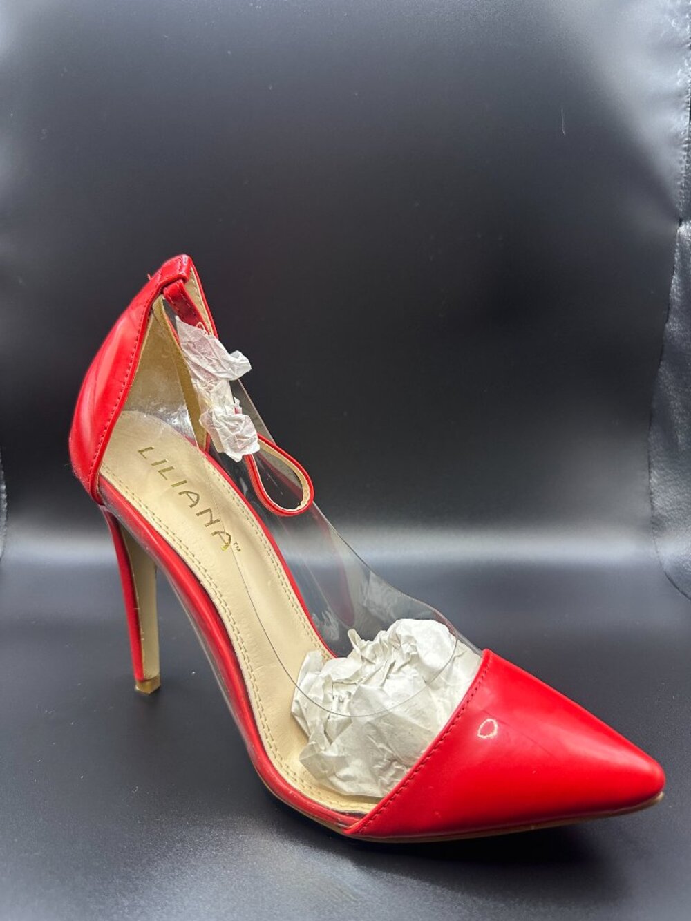 Liliana Red Clear Lucite Ankle Strap Pointed Toe Stiletto Pumps 7.5 Femme Fatale